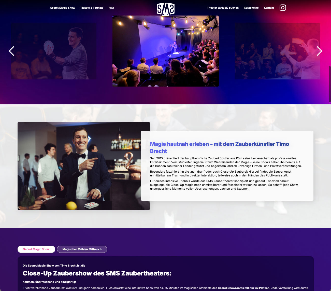 Website des SMS Zaubertheaters mit integrierter Ticketbuchung