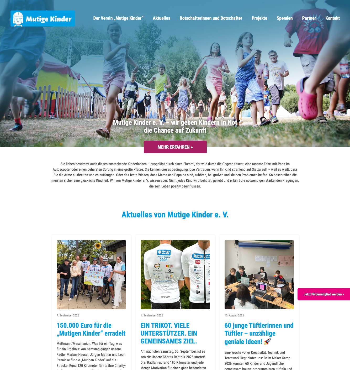 Website von Mutige Kinder e. V. mit aktuellen Informationen über die Arbeit des Vereins